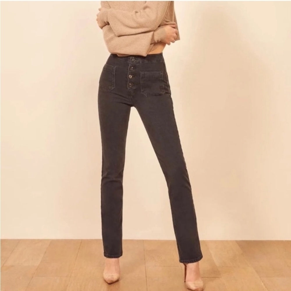 Reformation Straight Leg Elsie Black Washed Out High Rise Jeans Size 29 Women's